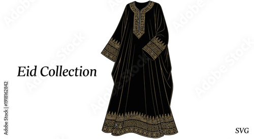 Traditional black dress with golden embroidery for Eid celebration.