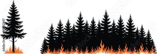 Forest wildfire silhouette illustration with burning pine trees and flames, depicting environmental disaster, climate change impact, nature destruction, emergency crisis concept