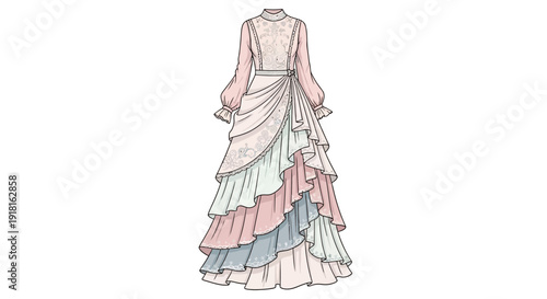 Elegant Pastel Long Sleeve Ruffled Layered Formal Gown Dress.