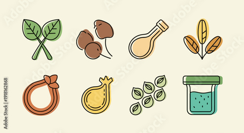 Collection of vibrant flat design vector icons depicting natural food ingredients like fresh leaves, mushrooms, seeds, and culinary elements, ideal for healthy eating, organic, and nutrition themes
