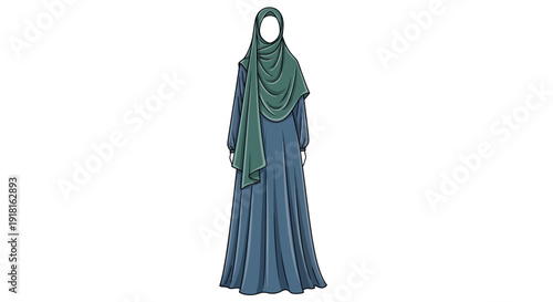 Illustration of a woman wearing a long blue dress and green hijab.