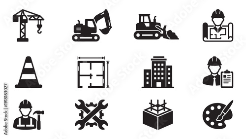 Construction and Engineering Icon Set for Architecture Firms, Building Project Management Platforms and Infrastructure Development Services