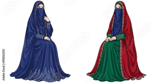 Two women wearing traditional Islamic burqa clothing in different colors.