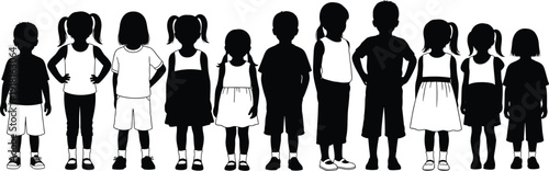 Group of children silhouettes standing together, diverse boys and girls line art illustration representing childhood, friendship, unity, diversity, education, teamwork, and social development concept