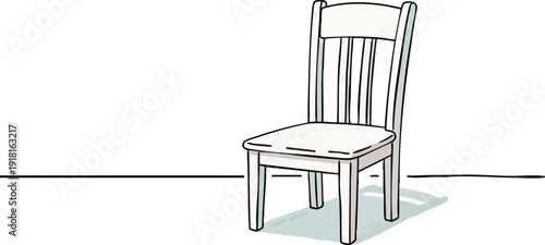 Minimalist line art wooden chair with vertical slats backrest and square seat casting subtle shadow on white background simple furniture design vector illustration