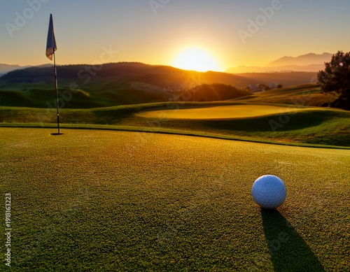 Wallpaper Mural a golf ball rests on a verdant putting green bathed in the warm glow of a breathtaking sunrise over rolling hills Torontodigital.ca