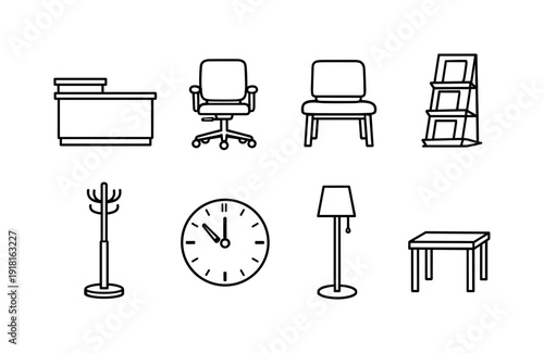 Professional office reception furniture: reception desk, swivel chair, waiting chair, brochure stand, coat rack, wall clock, floor lamp, side table