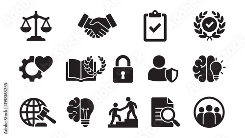 Ethics, Research and Personal Development Icon Set for Corporate Governance Platforms, Legal Advisory and Knowledge Empowerment Solutions