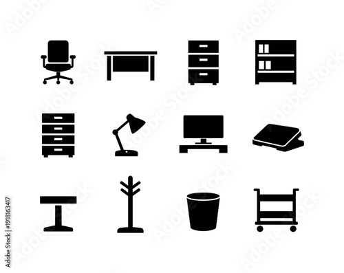 Home office furniture: office chair, desk, filing cabinet, bookshelf, drawer unit, desk lamp, monitor stand, footrest, side table, coat rack, waste