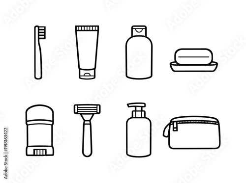 Personal travel toiletries: toothbrush, toothpaste tube, shampoo bottle, soap bar, deodorant stick, shaving razor, lotion bottle, toiletry bag