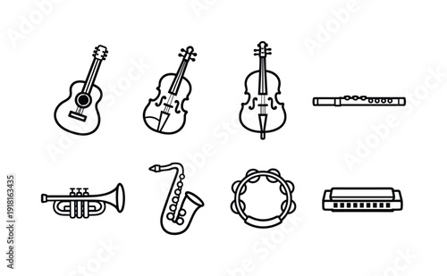 Acoustic music instruments: acoustic guitar, violin, cello, flute, trumpet, saxophone, tambourine, harmonica