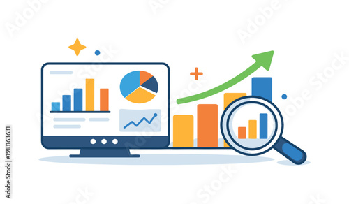 Business analytics and performance monitoring for informed decision making, a dashboard screen paired with an upward graph and a magnifying glass