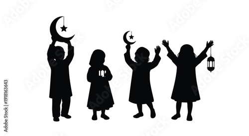 Children celebrating with lanterns under the crescent moon silhouette