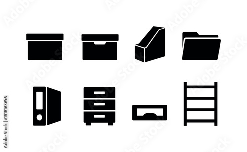 Office storage supplies: storage box, archive box, magazine holder, file folder, binder, drawer unit, label holder, shelving unit