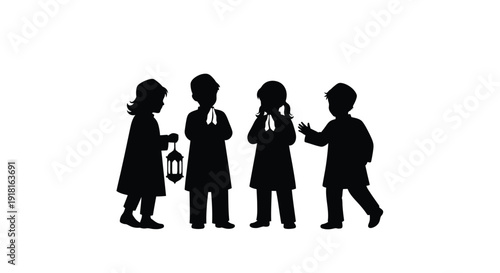 Tableau sur toile Four children with a lantern depicted in dark silhouette
