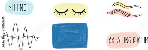 Minimalist vector art with silence text sound wave closed eyes breathing rhythm phrase gentle pastel colors abstract calming design