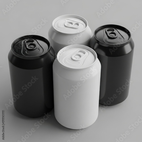 Four canned drinks arranged in a square formation on a plain surface