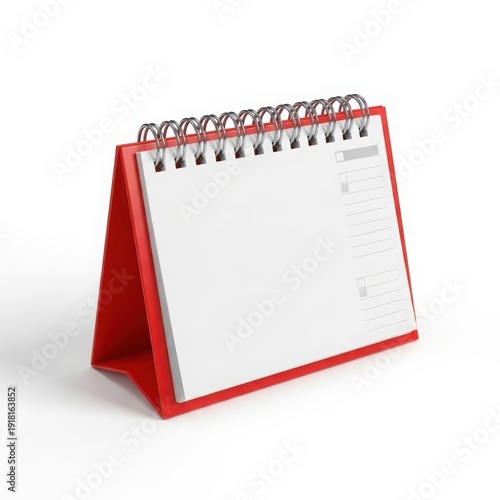 Red stand-up calendar planner with spiral binding for daily scheduling and organization.