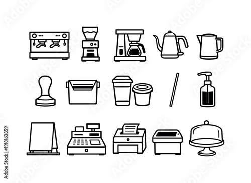 Coffee shop counter equipment: espresso machine, coffee grinder, drip brewer, kettle, milk pitcher, tamper, knock box, paper cup, cup lid, stir stick