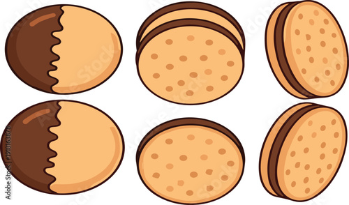 Round sandwich cookies with chocolate cream filling biscuit dessert snack vector illustration collection isolated set