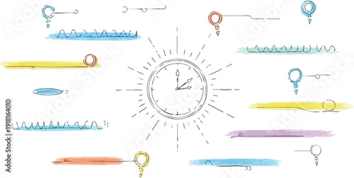 Minimalist vector art showing a clock with color coded timeline bars and circular marker icons representing schedule and time management concepts in pastel hues