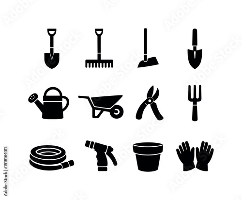 Outdoor garden tools: shovel, rake, hoe, trowel, watering can, wheelbarrow, pruning shears, garden fork, hose, spray nozzle, plant pot, garden gloves