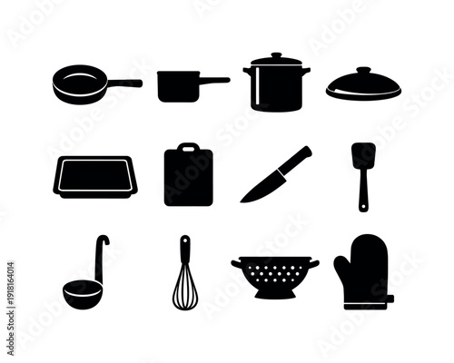 Home kitchen cookware: frying pan, saucepan, stock pot, lid, baking tray, cutting board, chef knife, spatula, ladle, whisk, colander, oven mitt