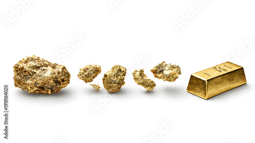 A high-resolution conceptual studio illustration showing the transformation of gold from natural nugget to refined bullion bar, presented as an isolated image on a transparent background. The main
