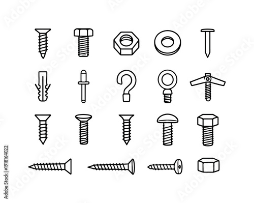 Hardware store fasteners: screw, bolt, nut, washer, nail, anchor, rivet, hook, eye bolt, toggle bolt, wood screw, machine screw, drywall screw