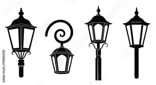 Four ornate street lamps depicted in a striking black silhouette