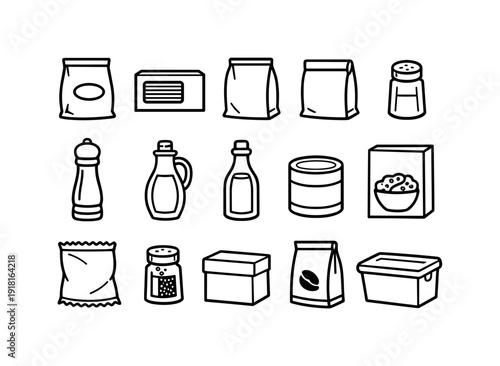 Home pantry food staples: rice bag, pasta box, flour bag, sugar bag, salt jar, pepper grinder, oil bottle, vinegar bottle, canned food, cereal box