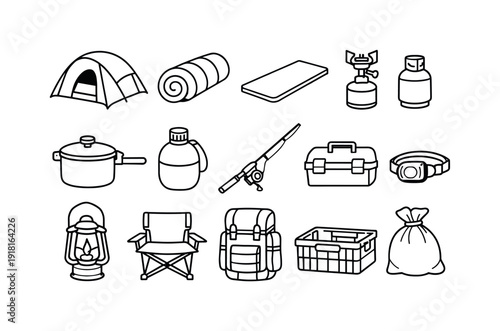 Outdoor riverbank camping gear: dome tent, sleeping bag, sleeping pad, camp stove, fuel canister, cooking pot, water canteen, fishing rod, tackle box