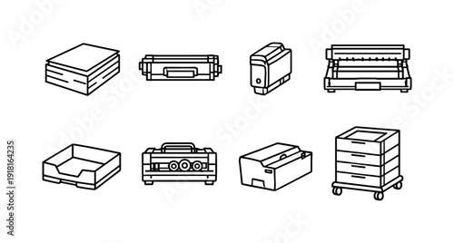 Office printing supplies: copy paper stack, toner cartridge, ink cartridge, printer drum, paper tray, maintenance kit, waste toner box, printer stand