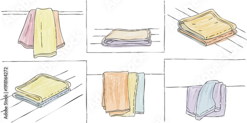Watercolor style collection of six different folded towels in pastel colors displayed from various angles with soft natural light and subtle texture details