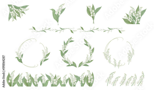 Obraz na plátně Watercolor Lily of the Valley Bundle, White Floral Frames and Elements for Brida
