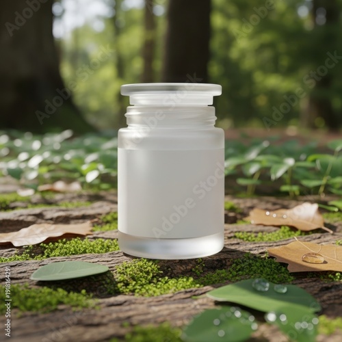 Small white bottle placed among green mossy leaves in a natural setting