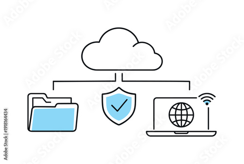 Cloud based data management and remote access in a digital work context highlighting reliability and organization, a cloud icon connected to a folder