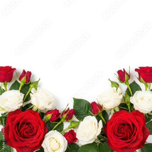 Elegant bouquet of red and white roses arranged in a graceful arc shape.