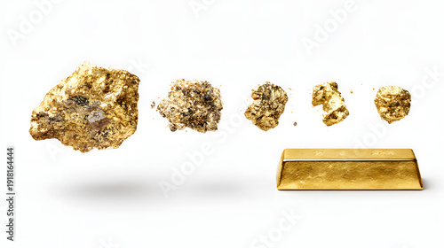 A high-resolution conceptual studio illustration showing the transformation of gold from natural nugget to refined bullion bar, presented as an isolated image on a transparent background. The main