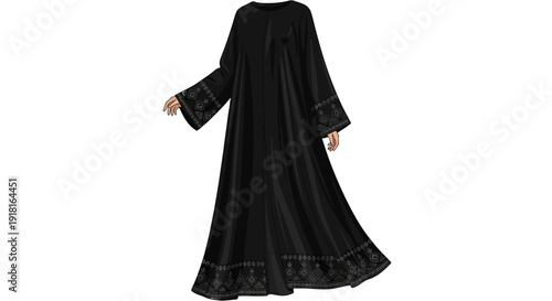 Elegant black abaya with intricate lace trim and flowing design.