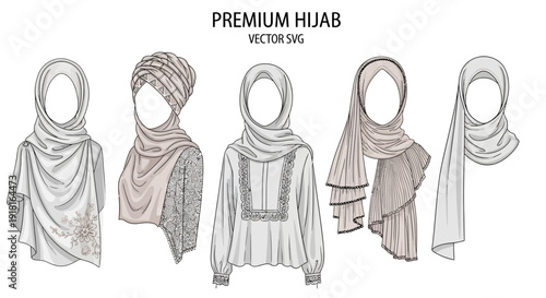 Collection of Hijab Styles for Muslim Women Fashion Illustration.
