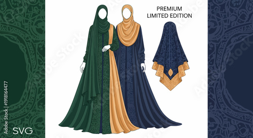 Islamic Fashion Illustration of Women in Hijab and Abaya.