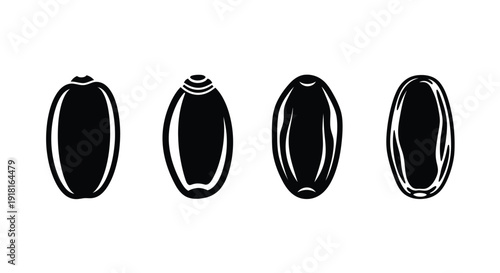 Four black seed shapes displayed in a row graphic silhouette