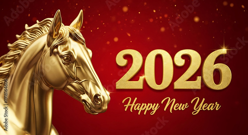 Golden Horse Head with 2026 Happy New Year Text on Red Background gold text