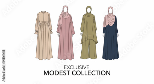 Modest fashion clothing collection for women featuring various styles and colors.