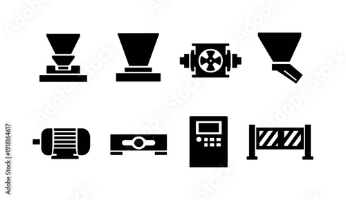 Smart factory automation icon set showing gravimetric feeder, feed hopper, rotary valve, discharge spout, drive motor, load cell, control panel