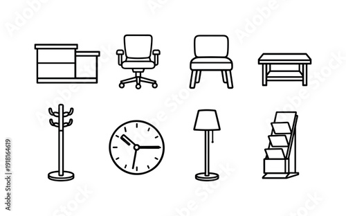 Professional office reception furniture: reception counter, swivel chair, waiting chair, side table, coat stand, wall clock, floor lamp, brochure rack