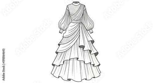 Elegant long-sleeved evening gown with layered ruffles and draped design.