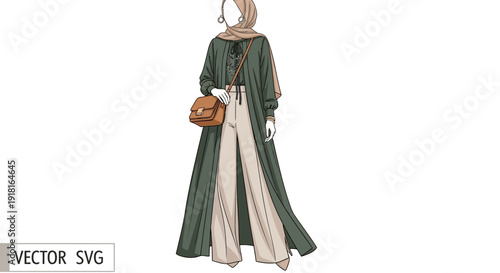 Illustration of a woman wearing a long green abaya with a beige hijab and carrying a brown handbag.