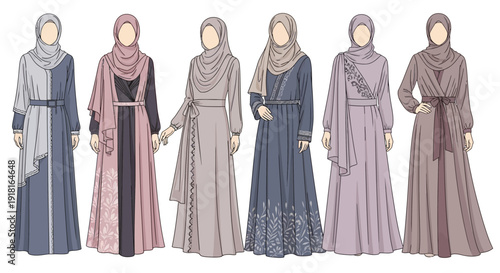 Diverse collection of modest women's clothing featuring hijabs in various styles and colors.